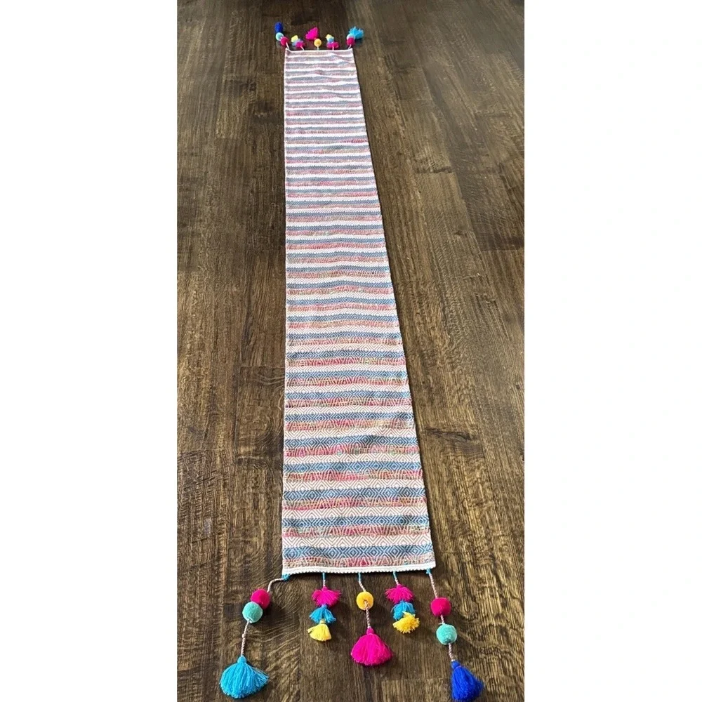 Woven Table Runner Textile with Pom Poms Folk-art 106
